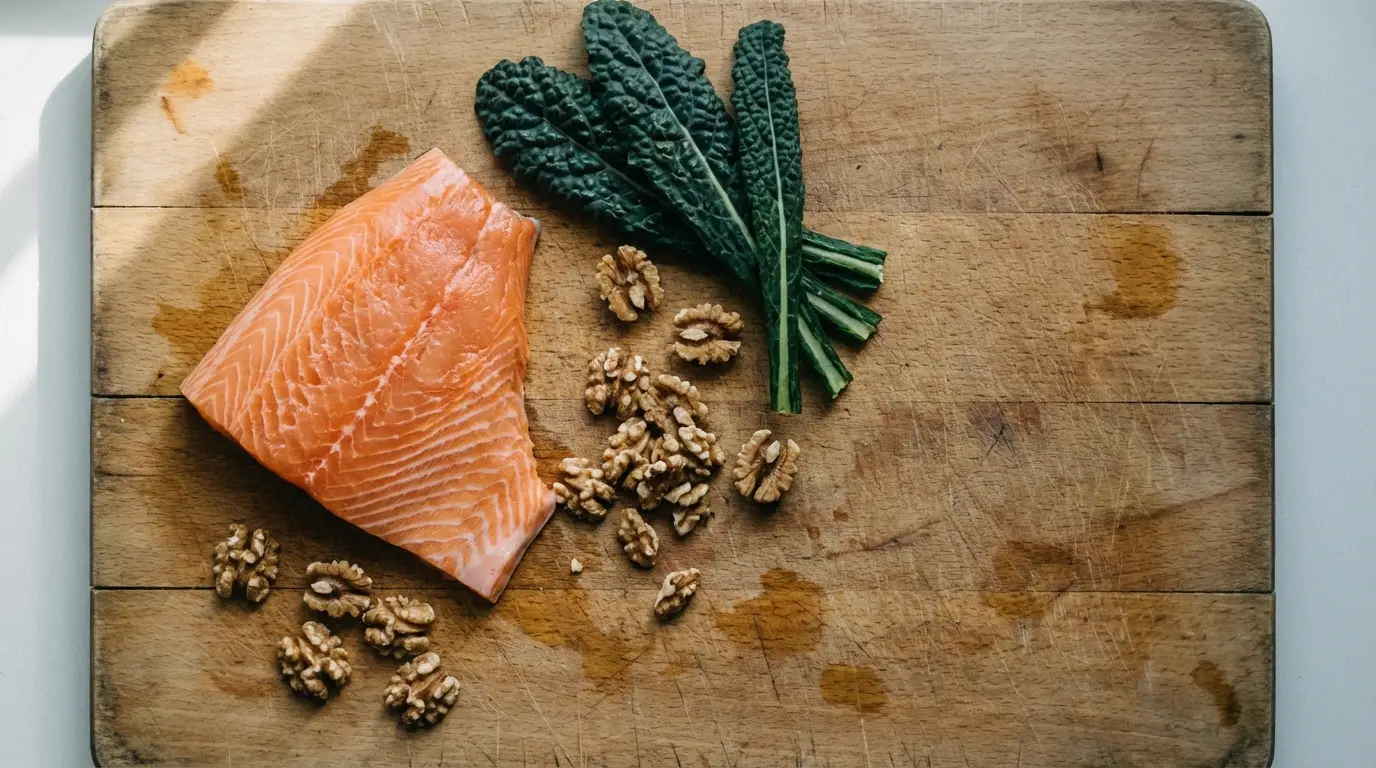 Salmon fillet, kale leaves, and walnuts on wooden cutting board in natural light