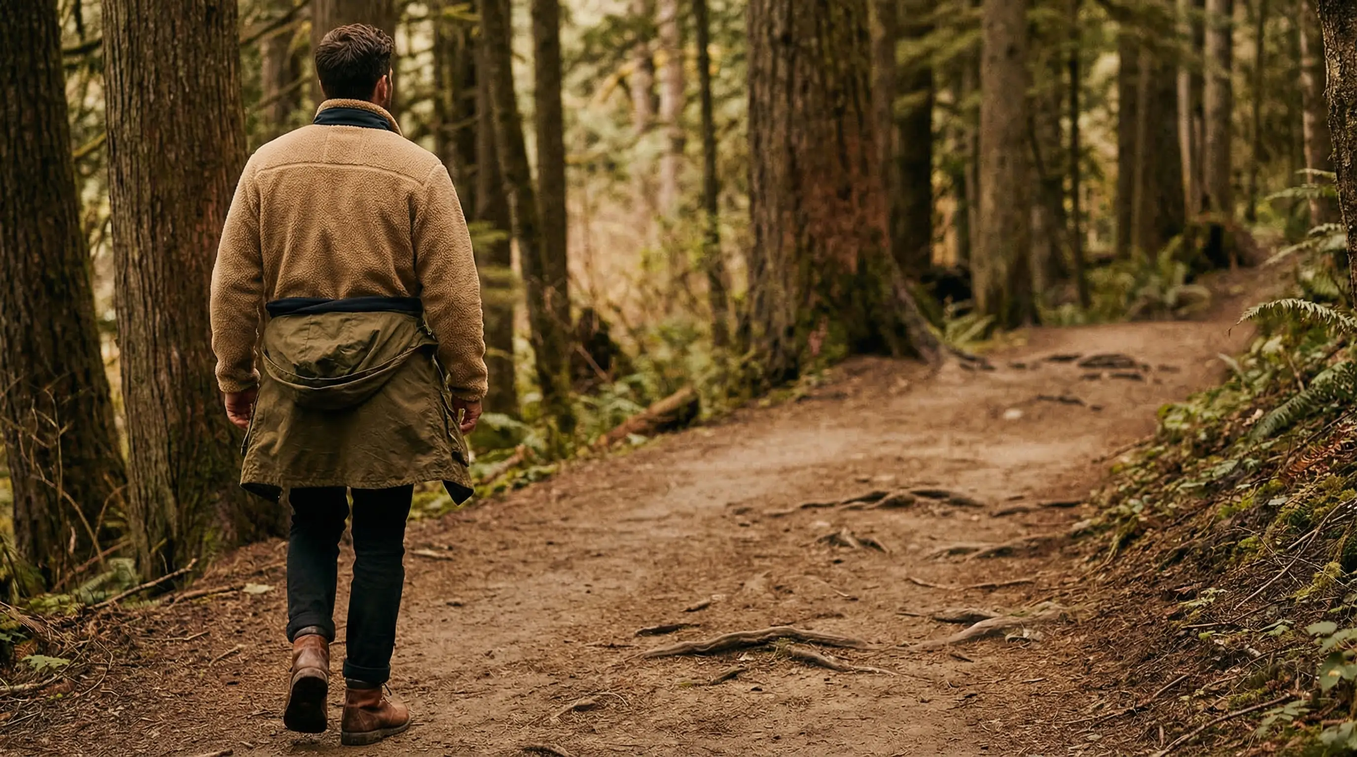 Man walking on a forest trail wearing brown jacket and boots in autumn woods