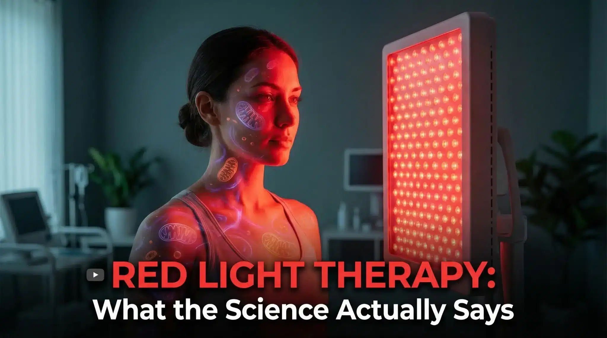 Person receiving red light therapy treatment in a dark room with scientific illustrations on skin