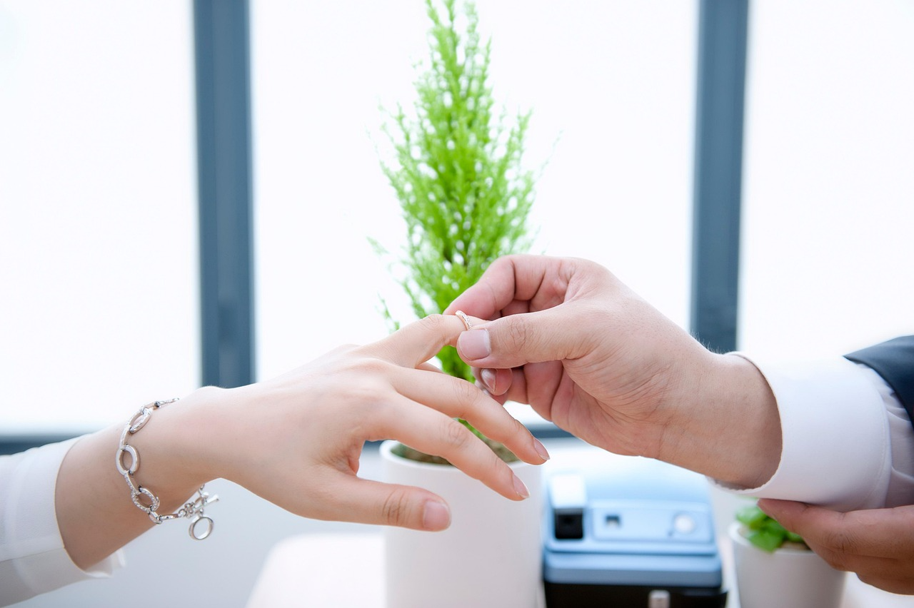 slipping a wedding ring onto a finger
