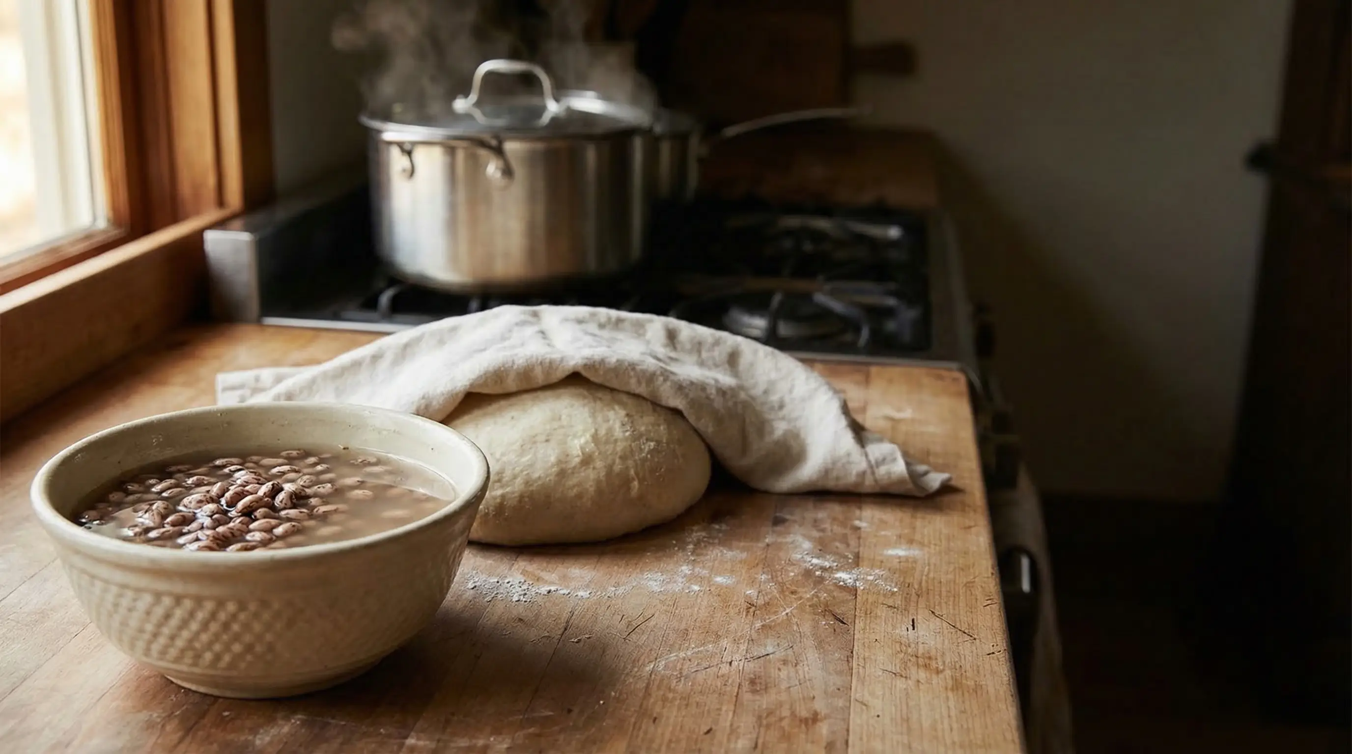 Dough resting under cloth beside steaming pot on wooden kitchen counter
