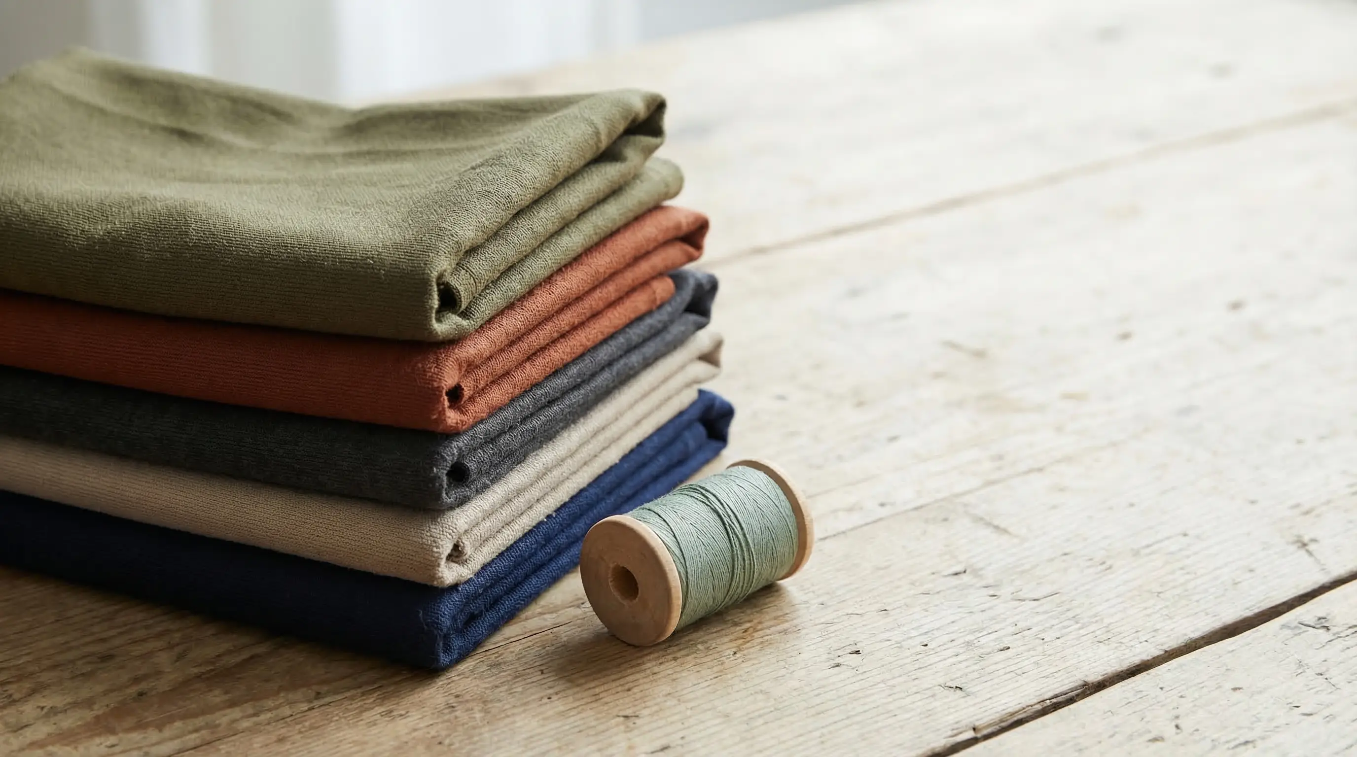 Folded fabric in earthy tones next to spool of thread on wooden table