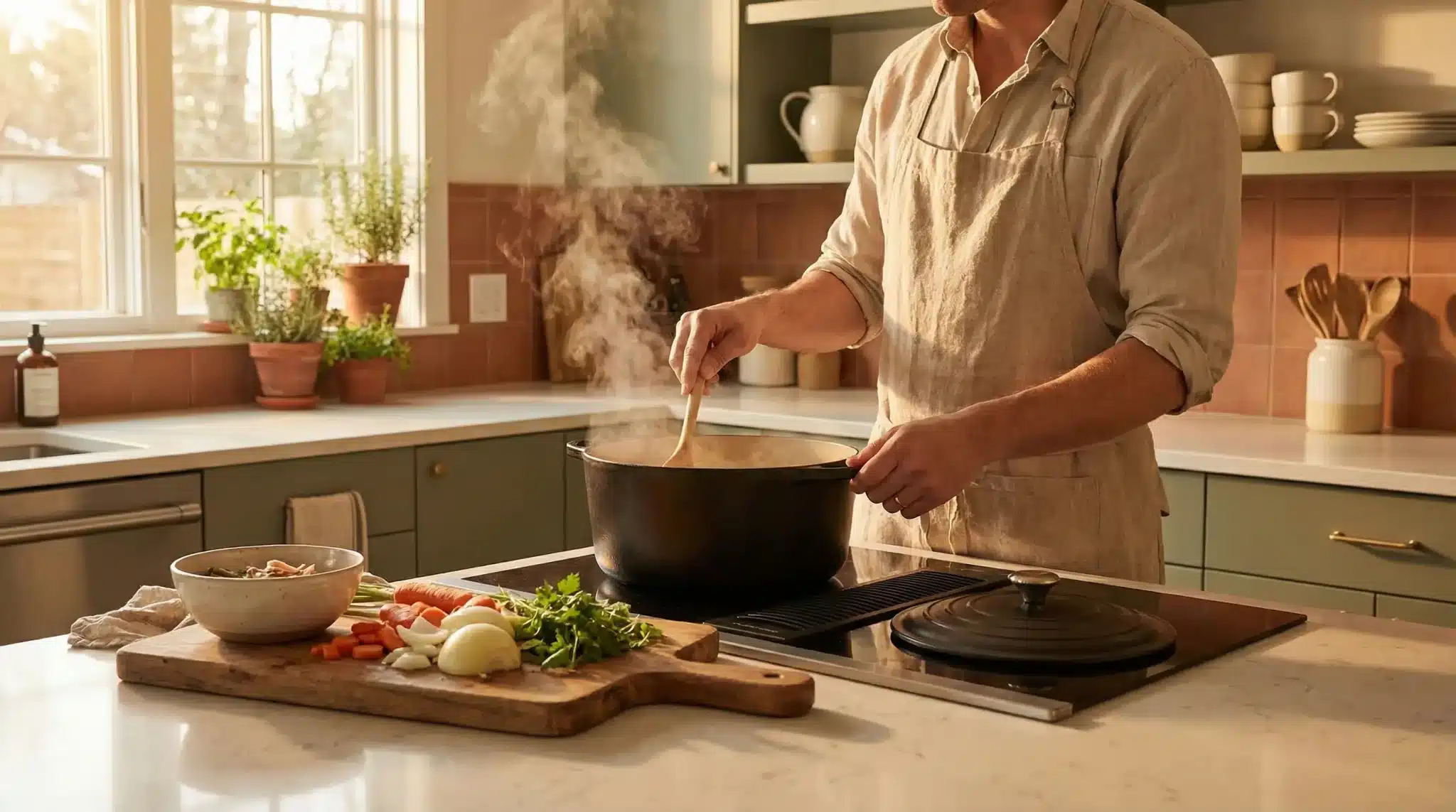 Person stirring a steaming pot in kitchen with sunlight, herbs, and chopped vegetables nearby