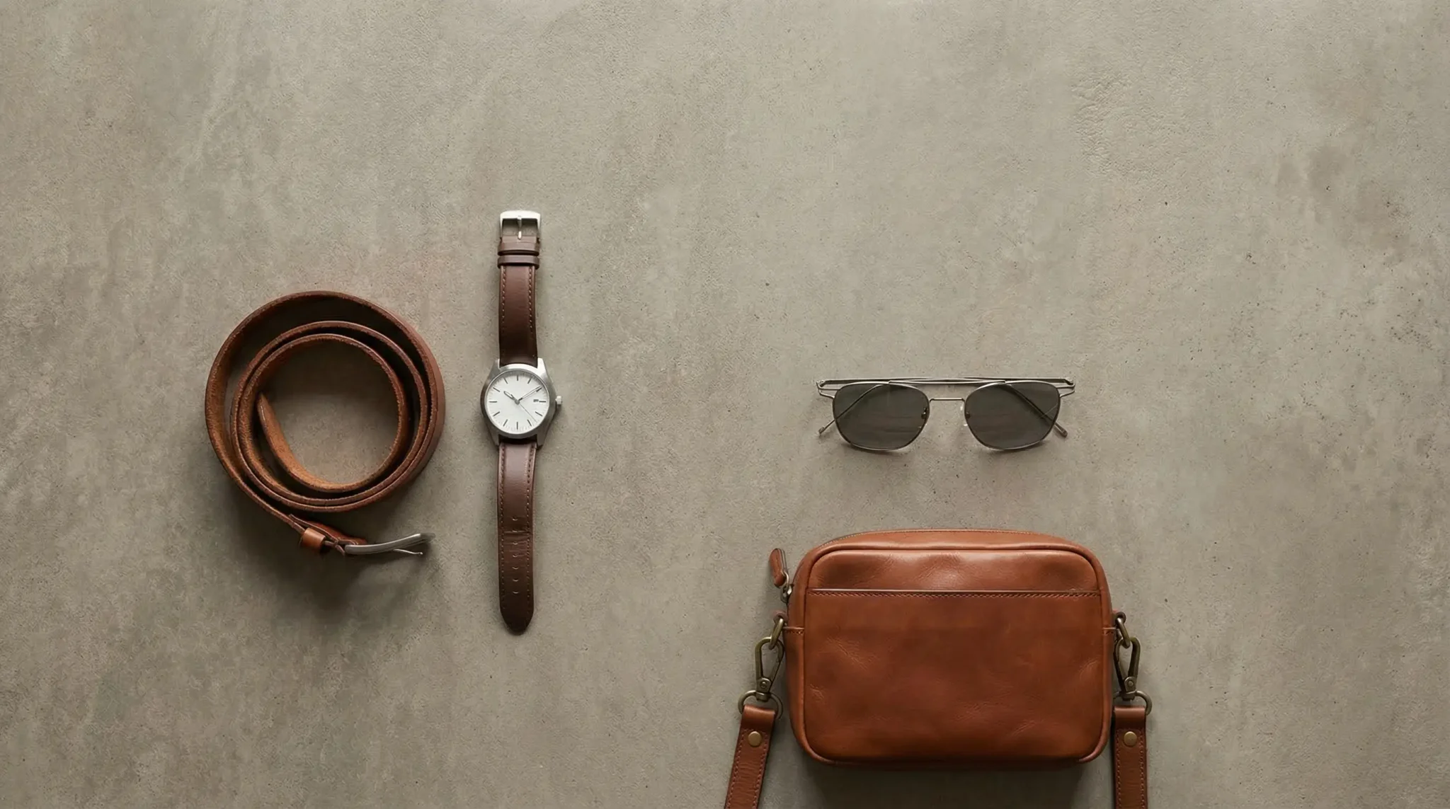 Leather belt, watch, sunglasses, and crossbody bag arranged on concrete surface