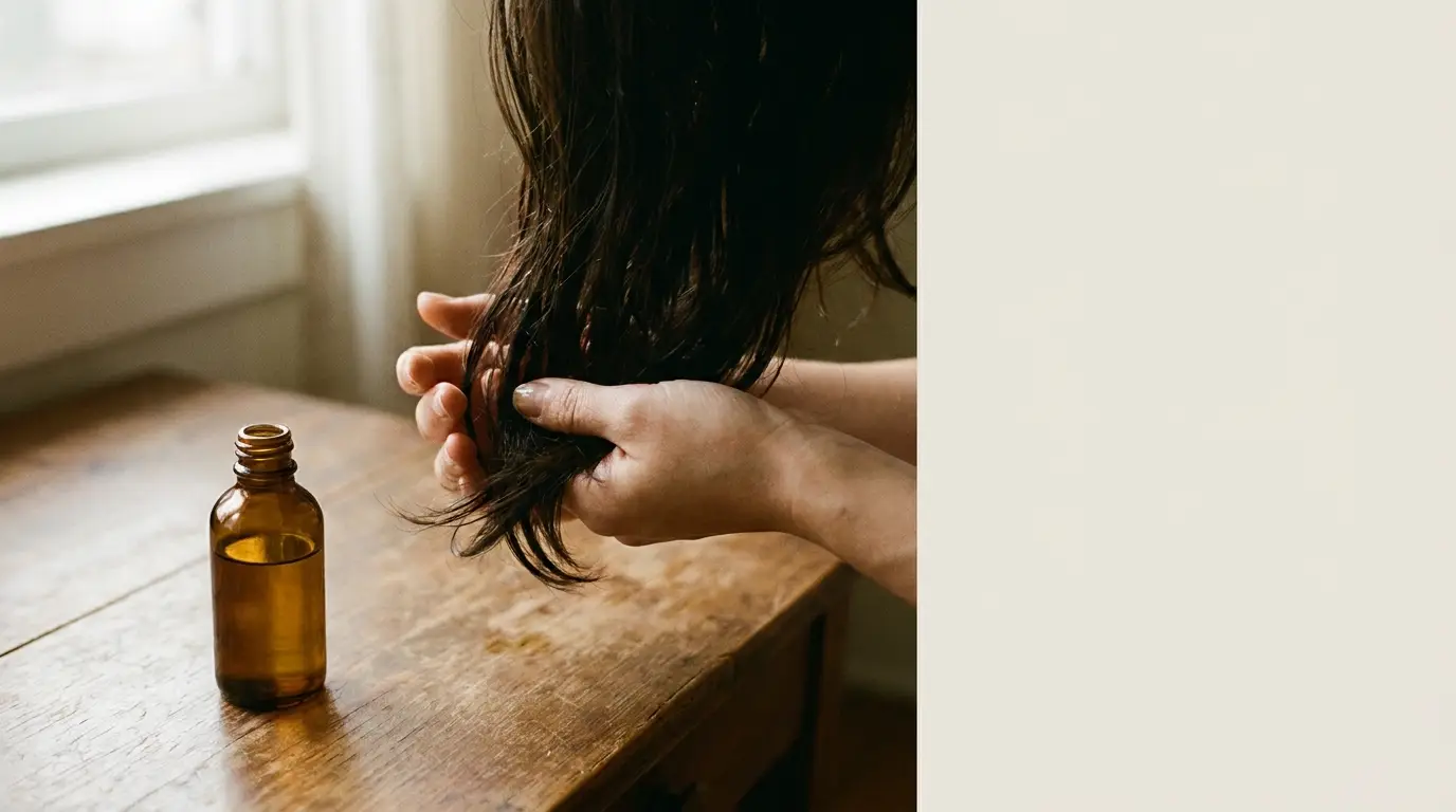 Applying oil to wet hair on a wooden table with a brown glass bottle nearby