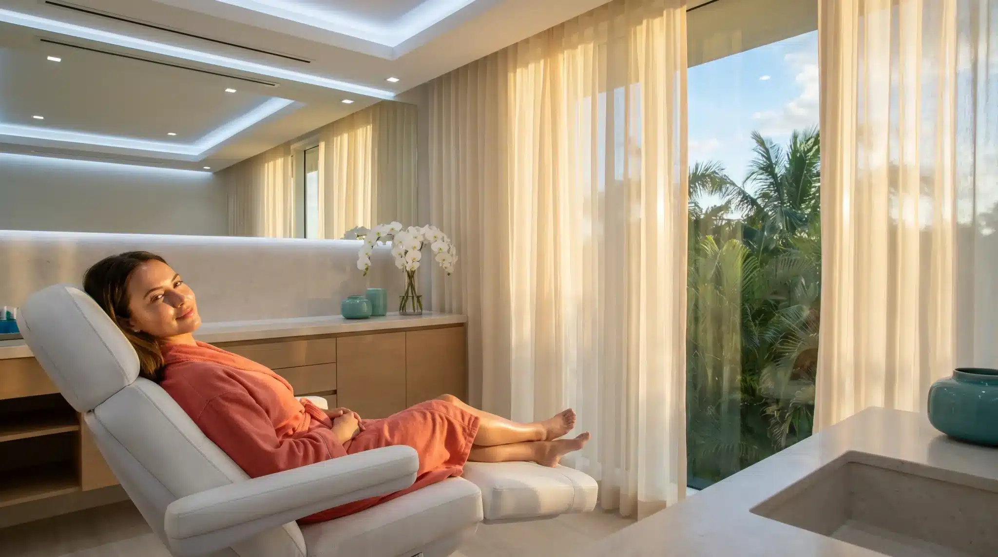 Woman relaxing on a reclining chair in a serene spa room with sheer curtains
