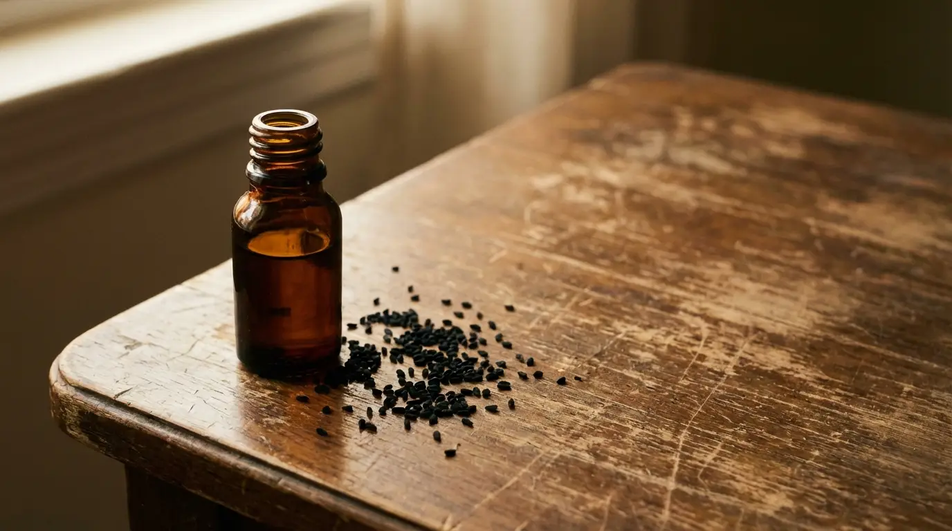 Brown glass bottle with scattered black seeds on rustic wooden table in soft natural light