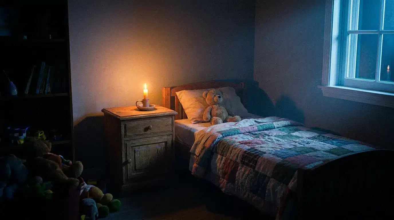 Cozy bedroom with quilted bed, teddy bear, and candlelit nightstand in soft lighting