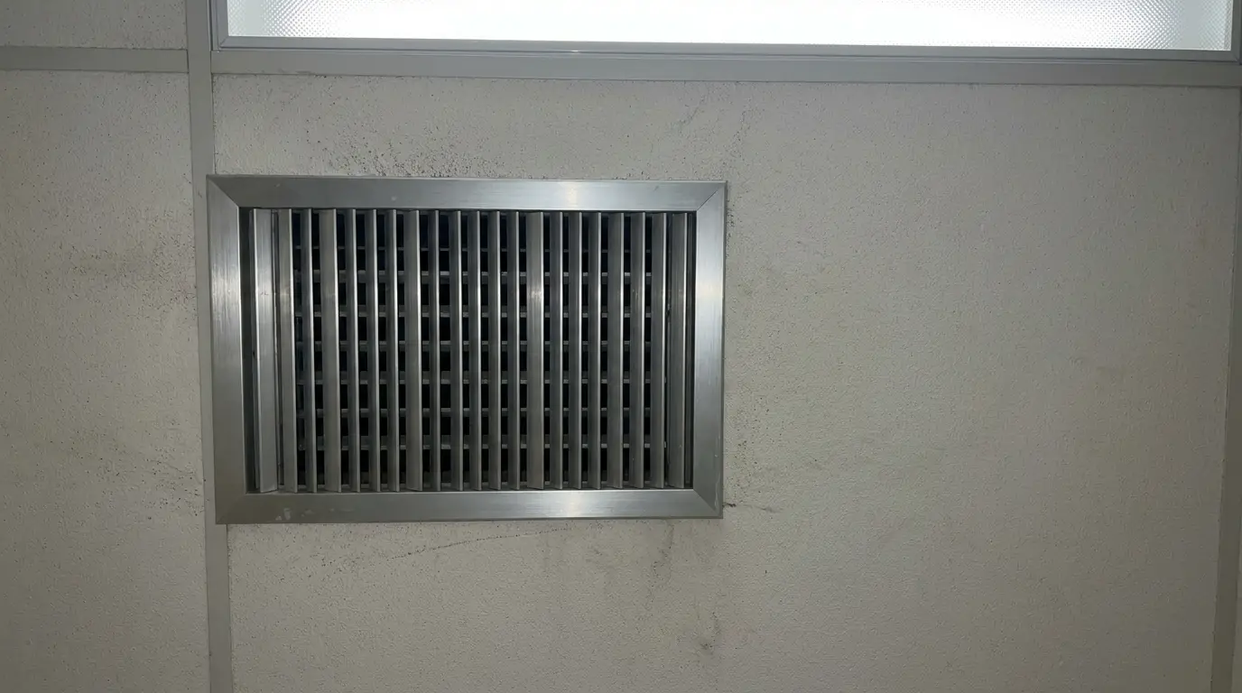 Metal air vent on white textured wall under fluorescent light panel