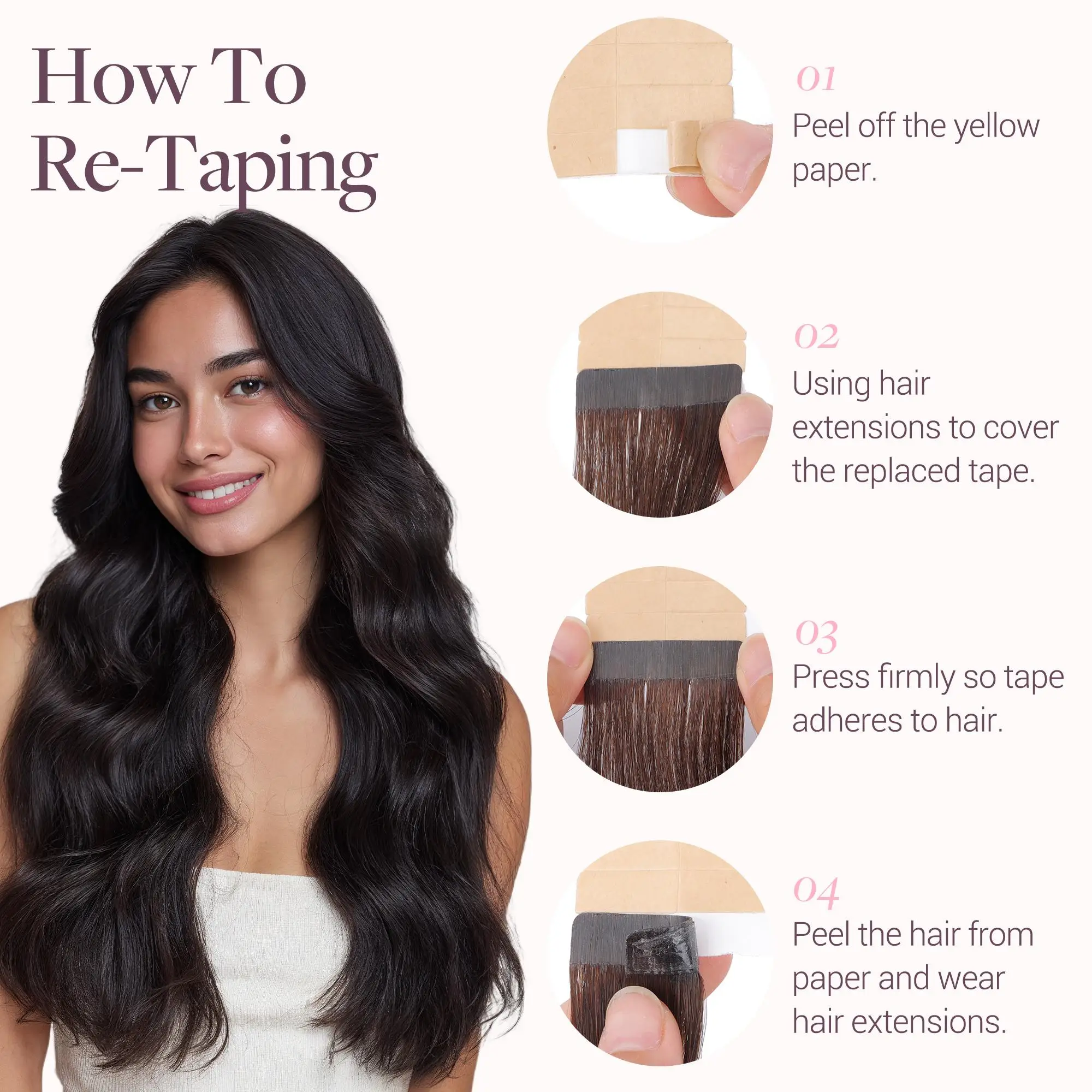Woman with long wavy hair beside step-by-step hair extension taping guide