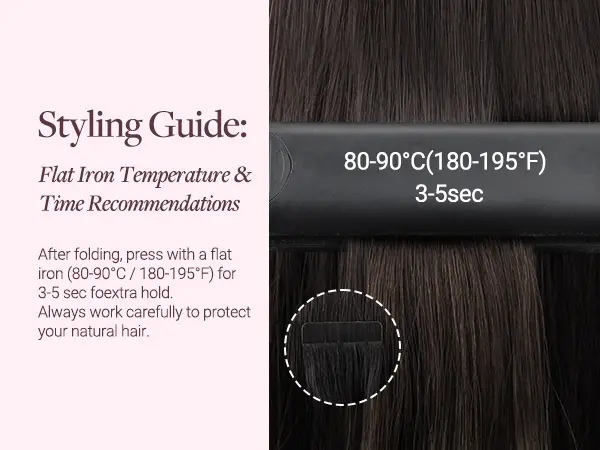 Flat iron pressing down on dark hair with heat setting visible