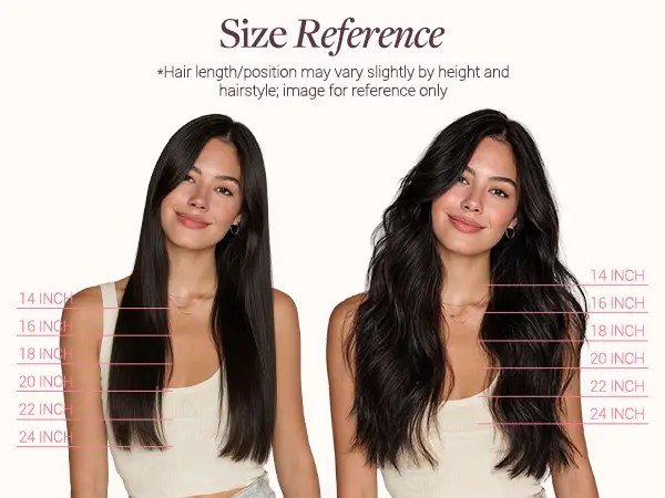 Two women with different hair lengths and styles against a white background for size reference