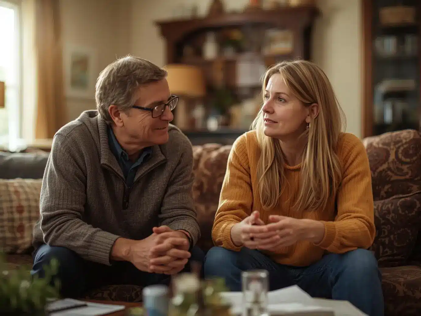 Two people sitting on a patterned sofa having a conversation in a cozy living room