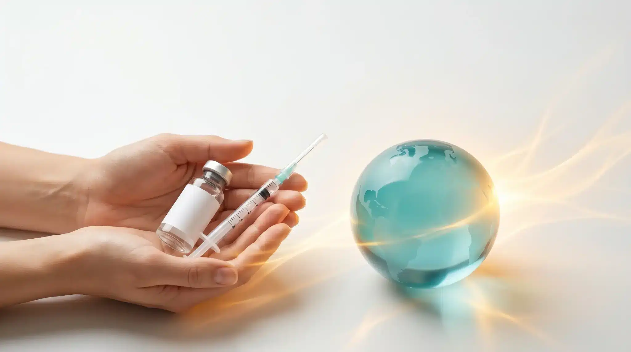 Hands holding vaccine vial and syringe near glowing globe on white surface