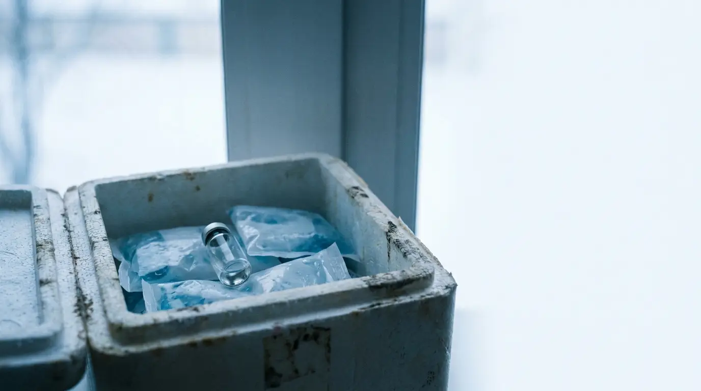 Vial placed in a small cooler with ice packs by a bright window