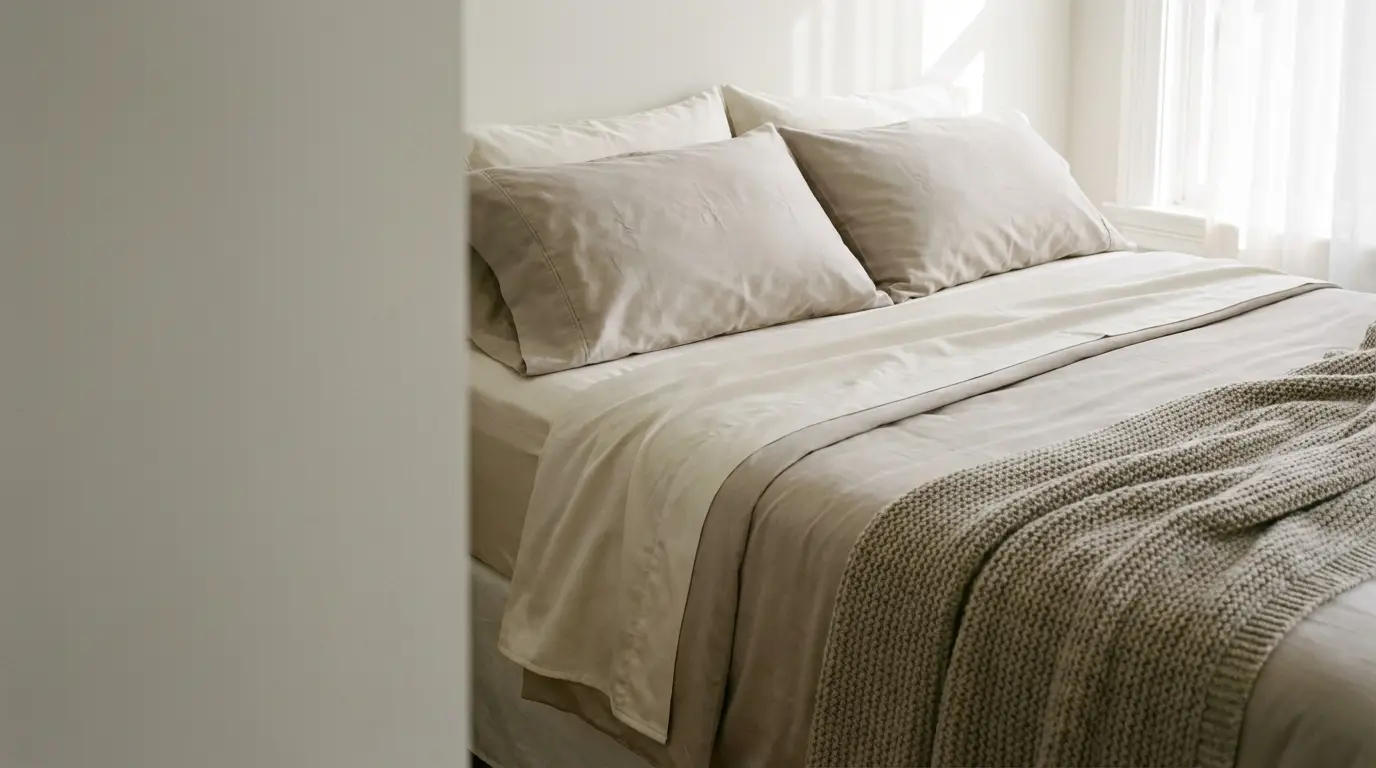Cozy beige bedding with knit blanket in softly lit bedroom