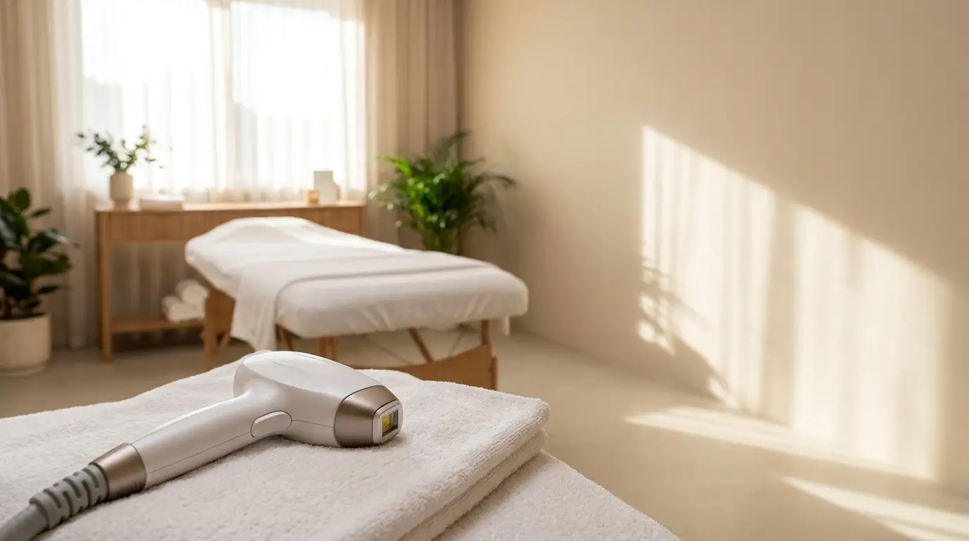 Aesthetic laser device on towel-covered massage table in serene spa room with plants