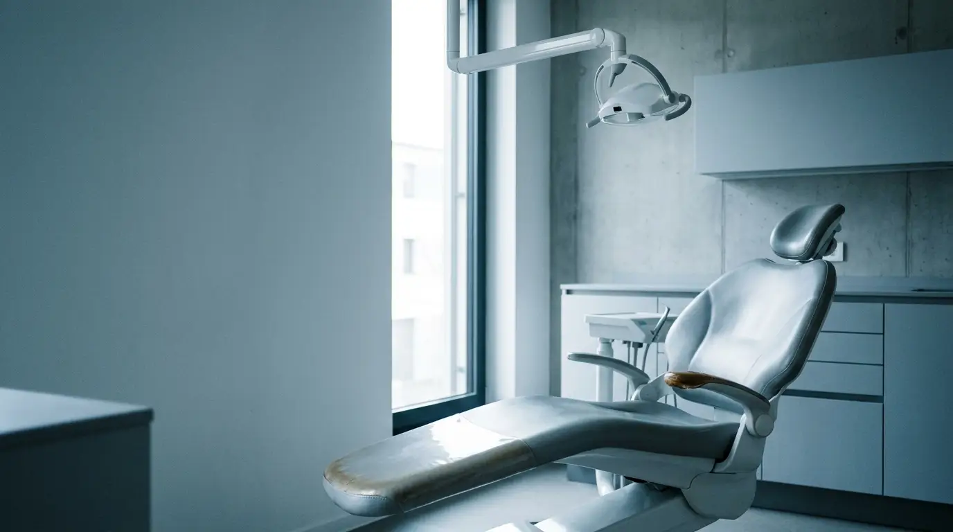 Dental chair in modern clinic with overhead examination light and large window nearby