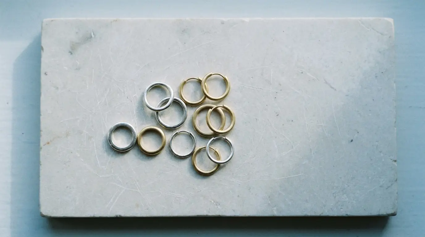 Gold and silver rings arranged on a light marble slab