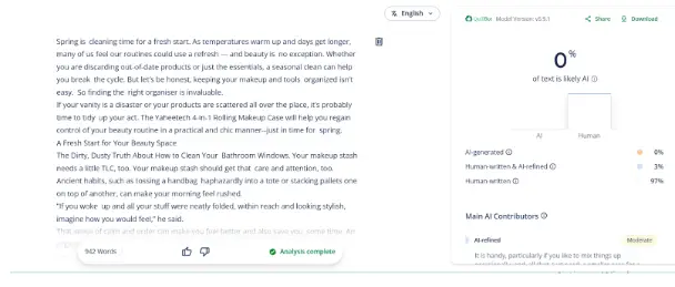 A digital screen displaying text analysis and writing metrics in an online editing tool interface