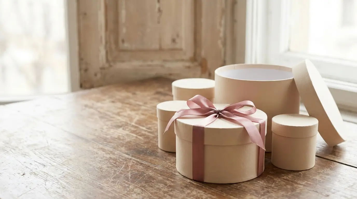 Round beige gift boxes with pink ribbon on rustic wooden table near window