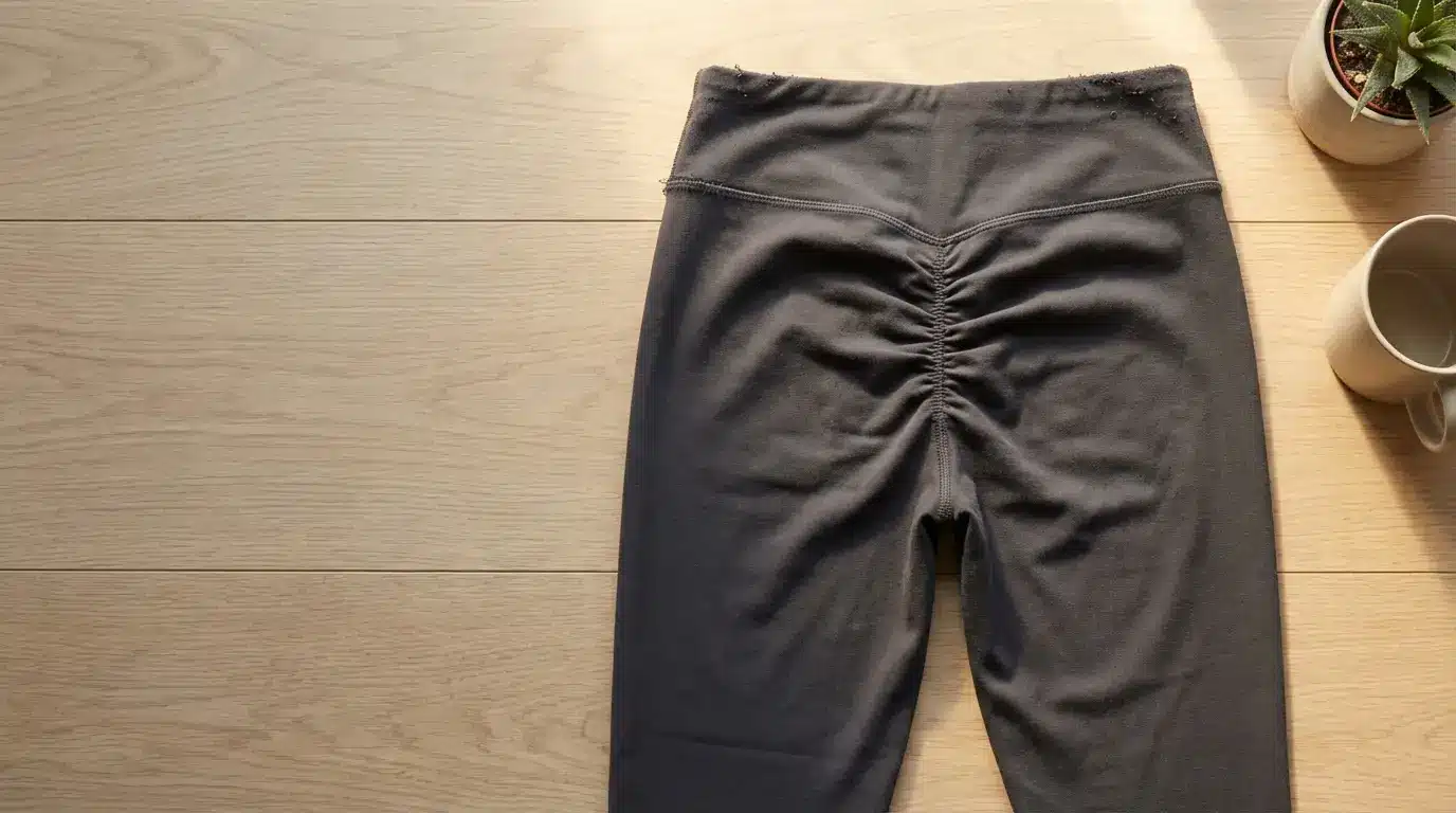 Gray leggings with ruching detail lying on wooden surface next to a mug and plant