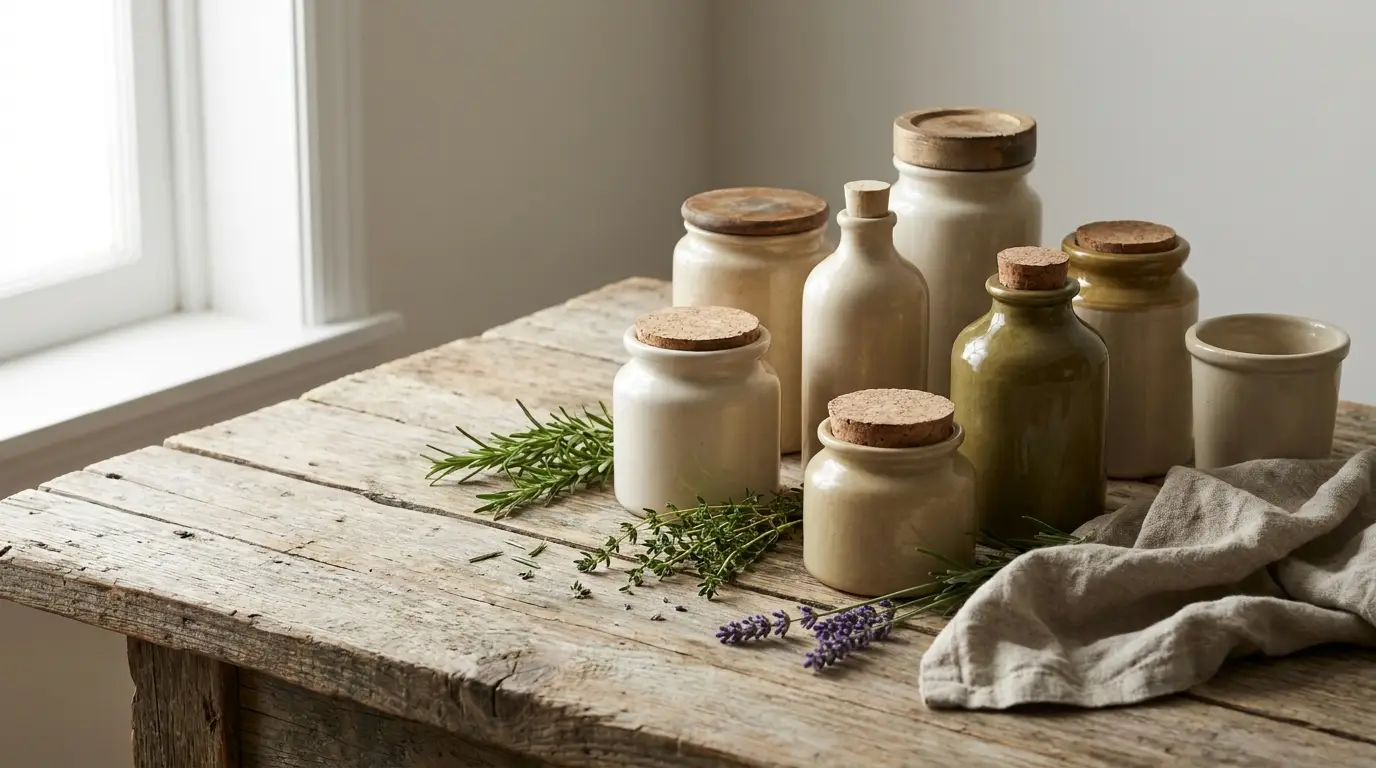Ceramic jars with cork lids and herbs on rustic wooden table near window