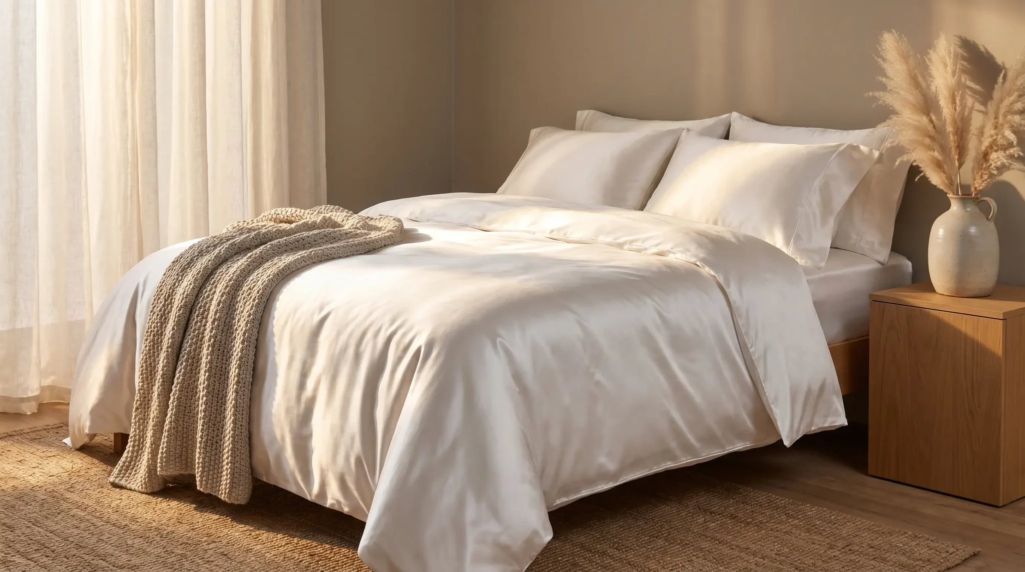Elegant bed with white satin sheets and knitted throw in a sunlit bedroom