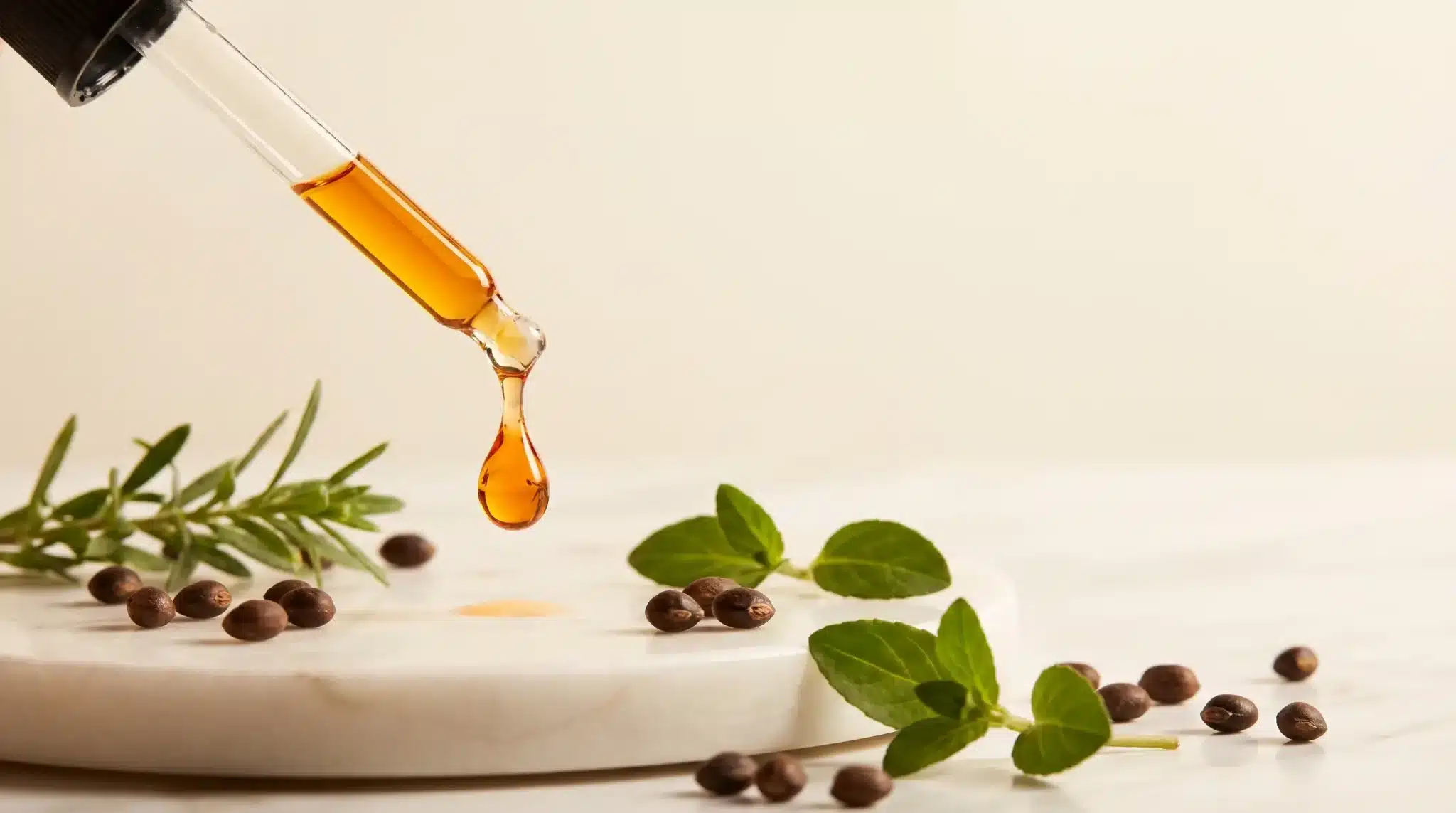 Dropper releasing amber liquid onto marble surface with scattered seeds and green herbs