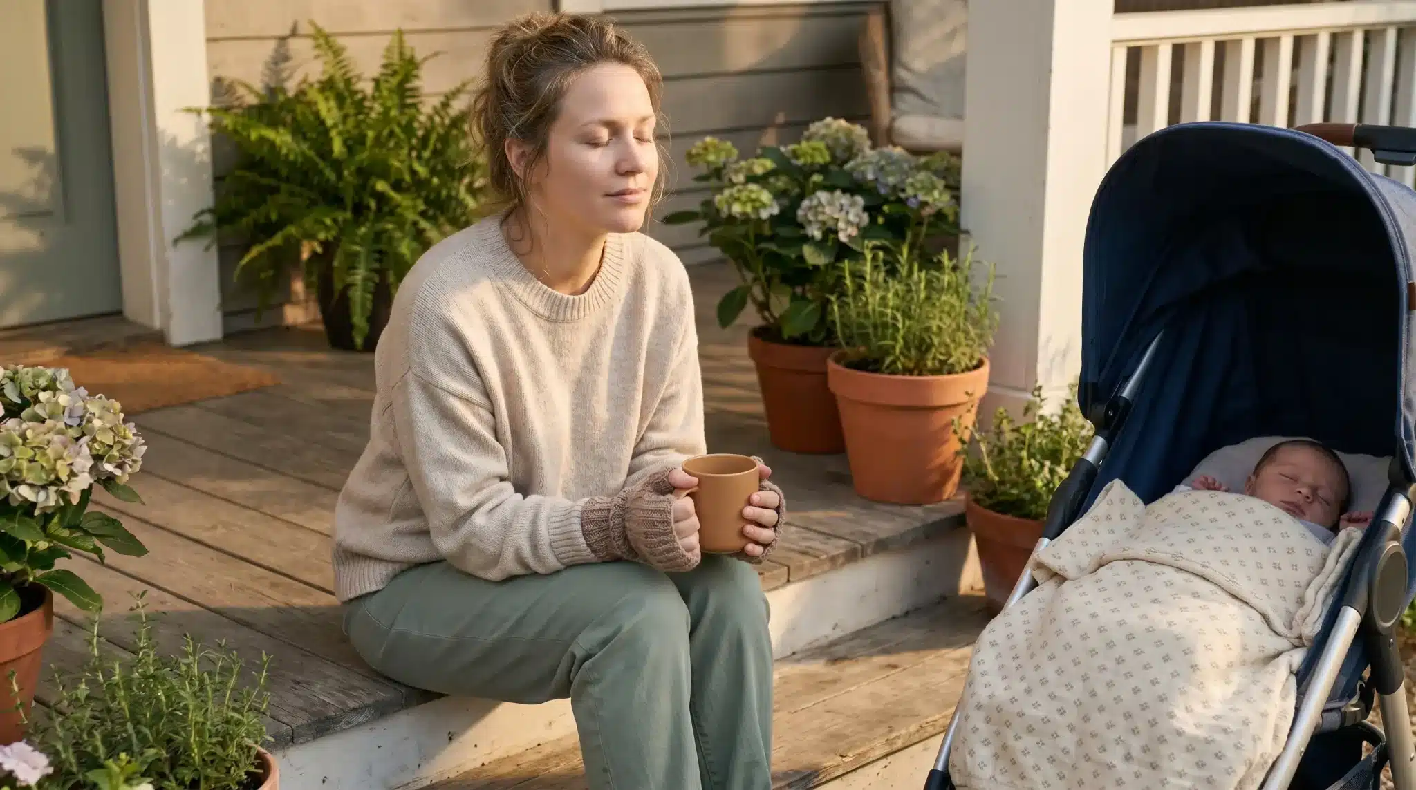 Woman holding mug sitting on porch next to baby stroller with plants in background