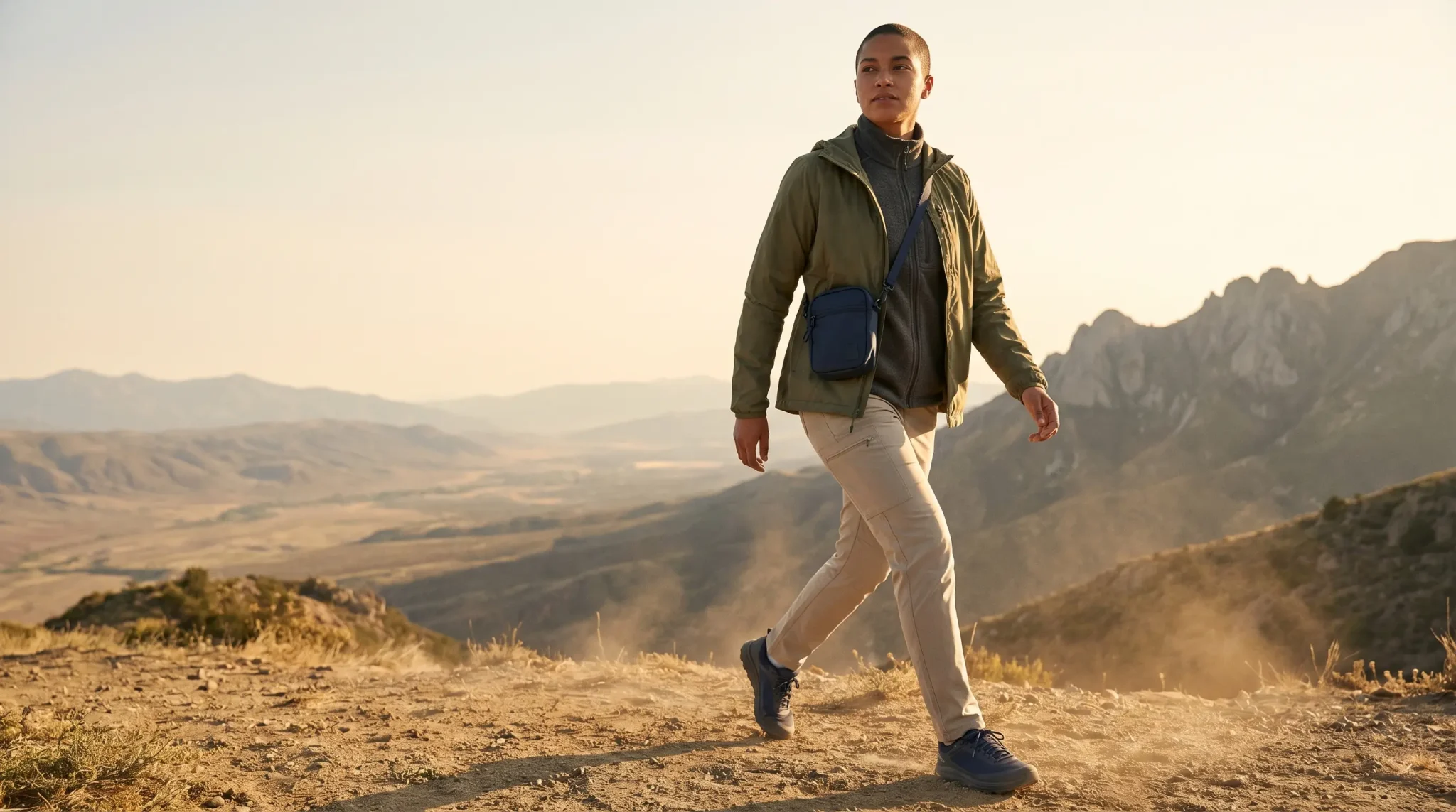 Person walking on a dirt trail in mountainous landscape during golden hour