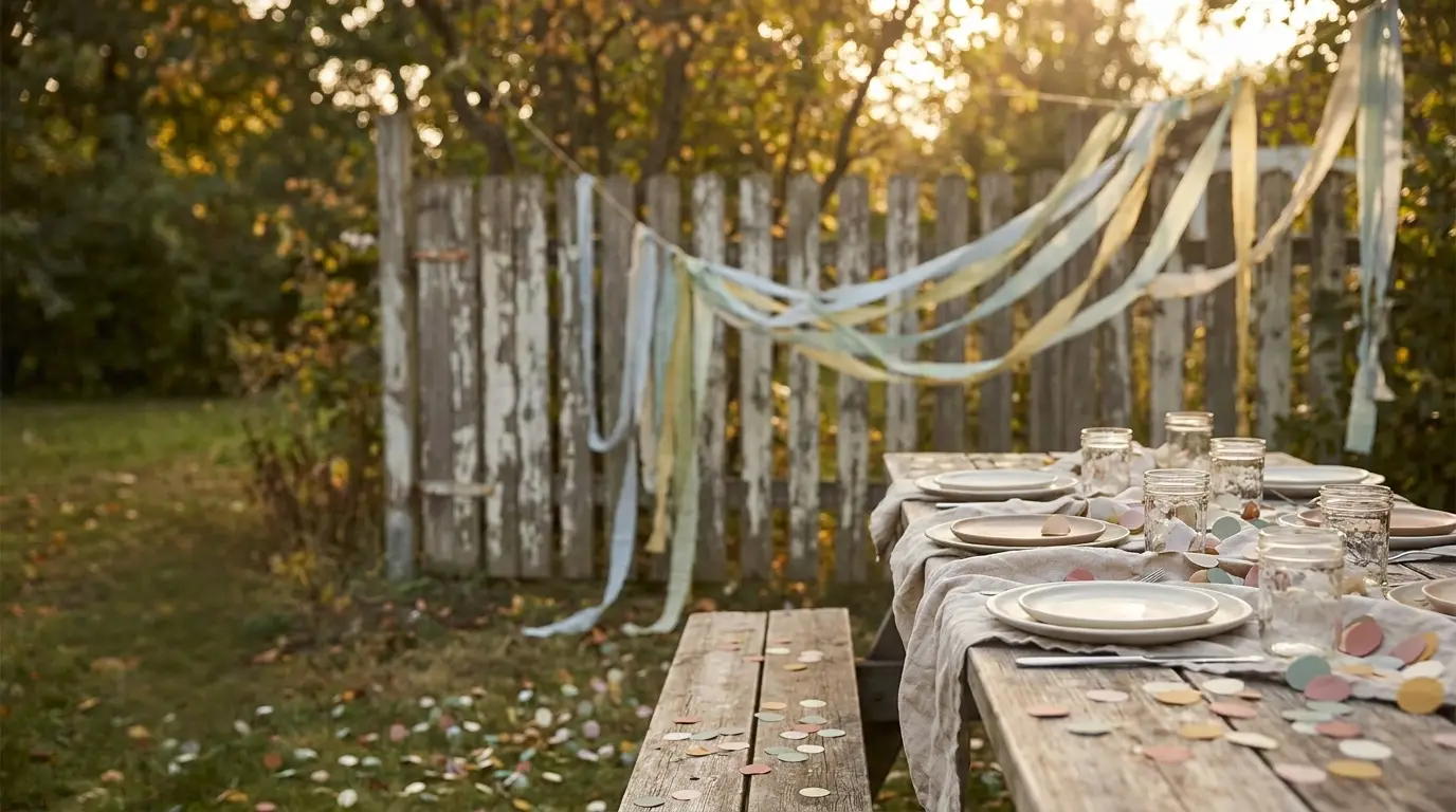 Wooden picnic table set with plates and mason jars, decorated with pastel confetti and streamers