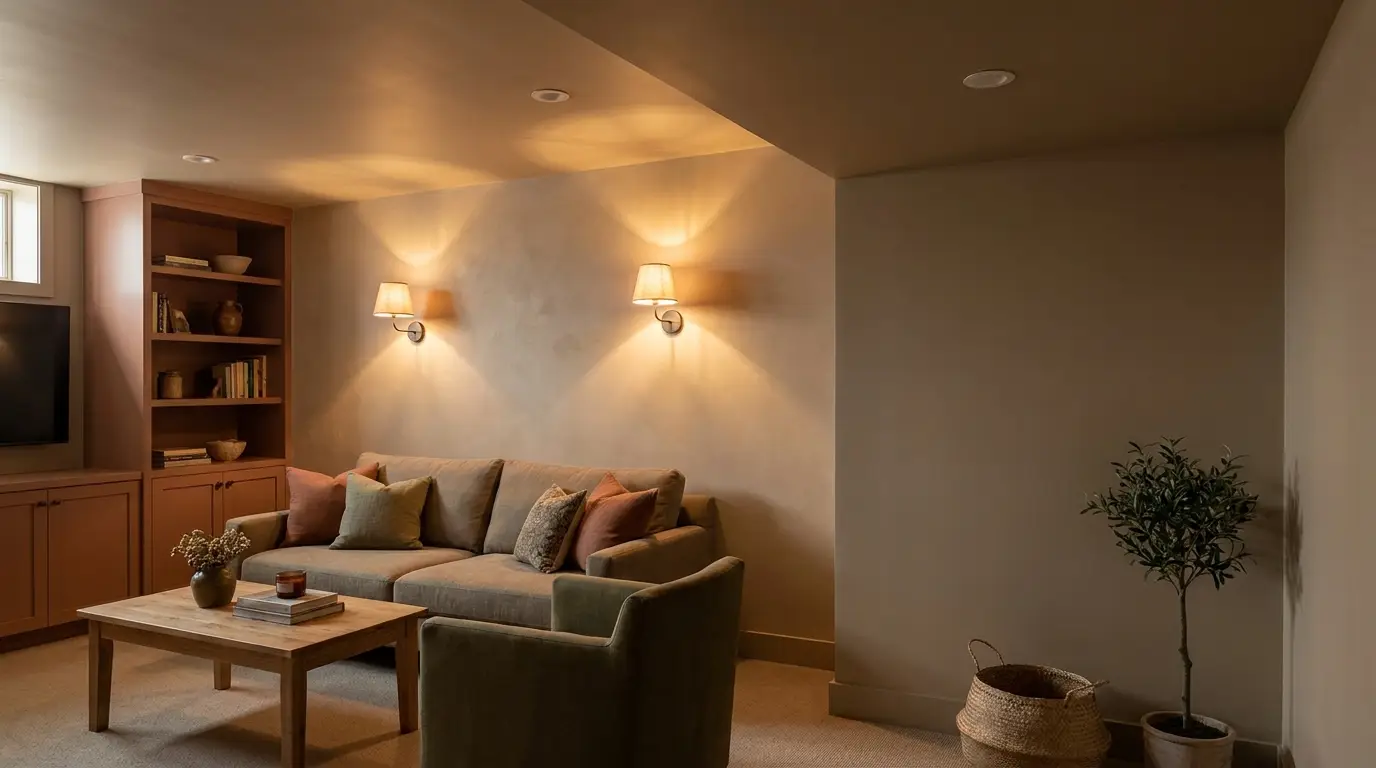 Cozy living room with a gray sofa, warm lighting, and a wooden coffee table