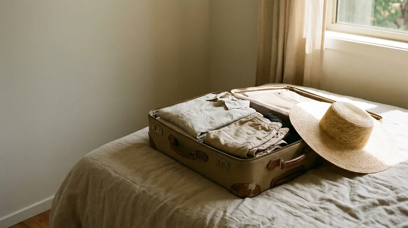 Open suitcase with folded clothes and straw hat on a bed in sunlit room