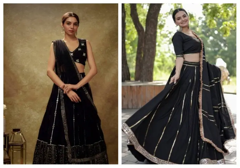 Two women in elegant black traditional outfits, one indoors, one twirling outdoors