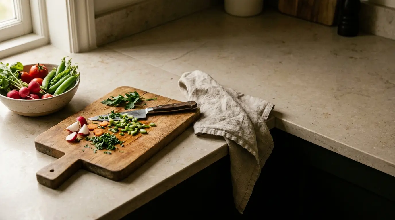 Chopped vegetables on wooden cutting board next to a bowl of fresh produce in kitchen setting