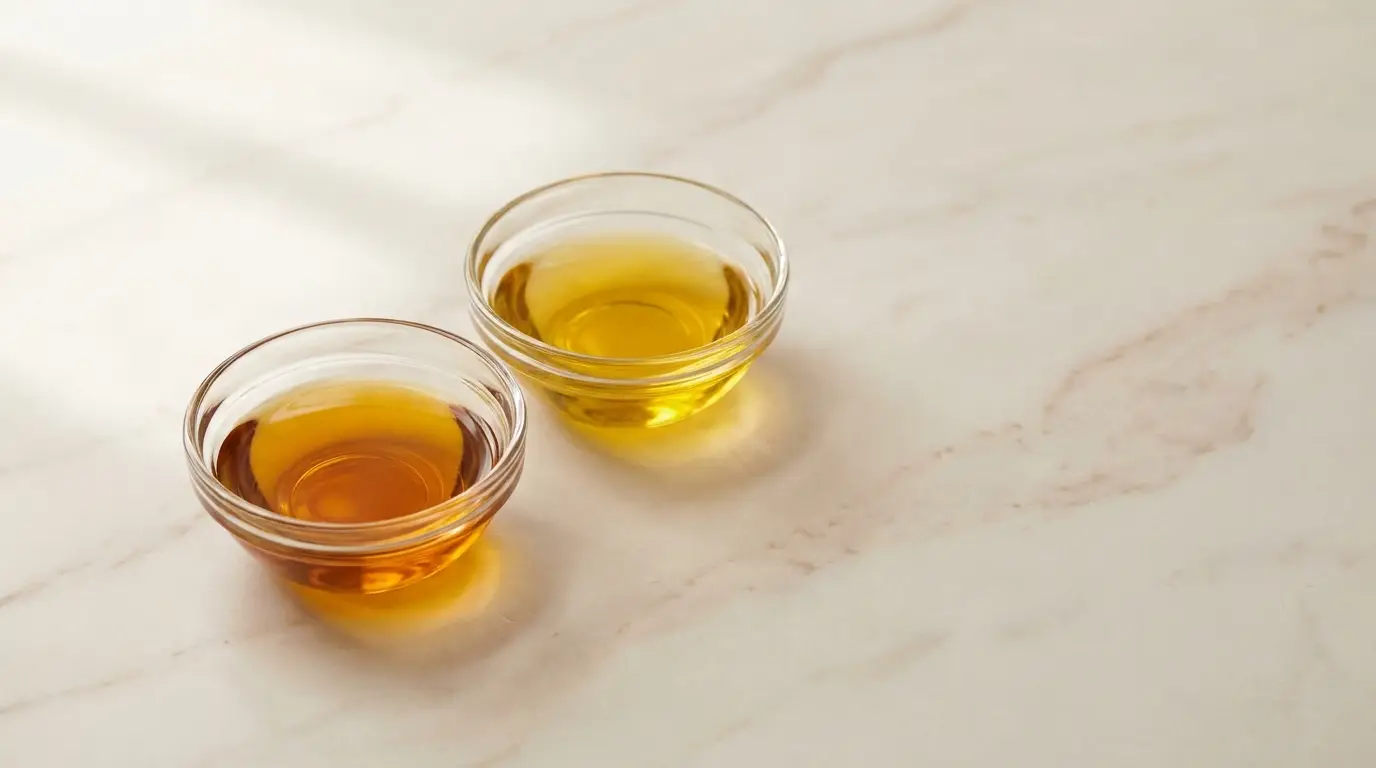 Two glass bowls with honey and oil on a light marble surface