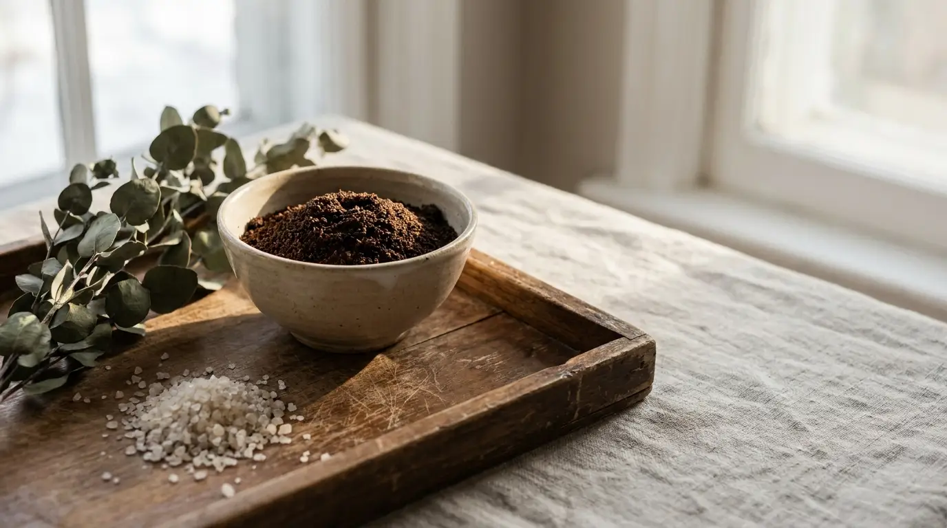 Bowl of coffee grounds on wooden tray with eucalyptus and coarse salt in soft natural light