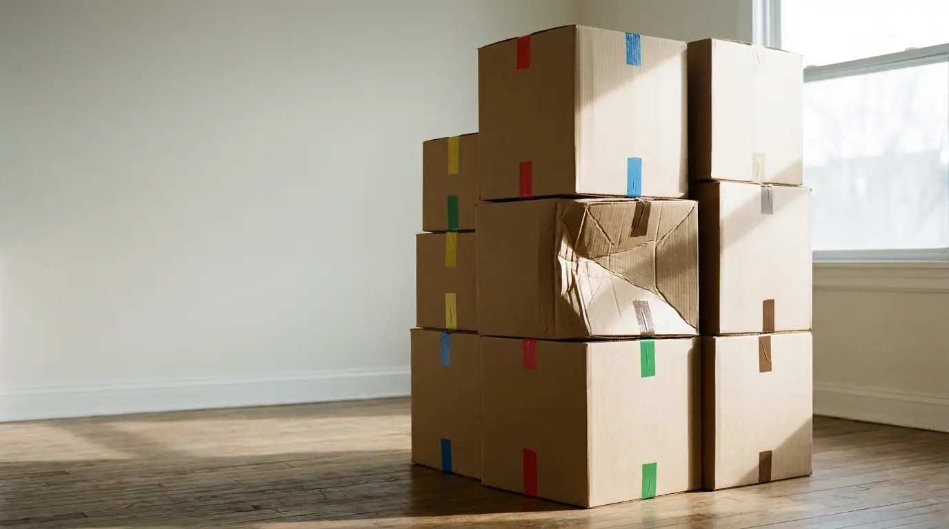 Stack of sealed cardboard boxes with colorful tape in bright, empty room with wooden floor