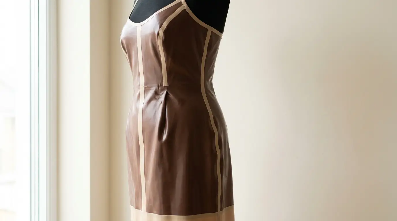 Brown and beige latex dress on mannequin in sunlit room