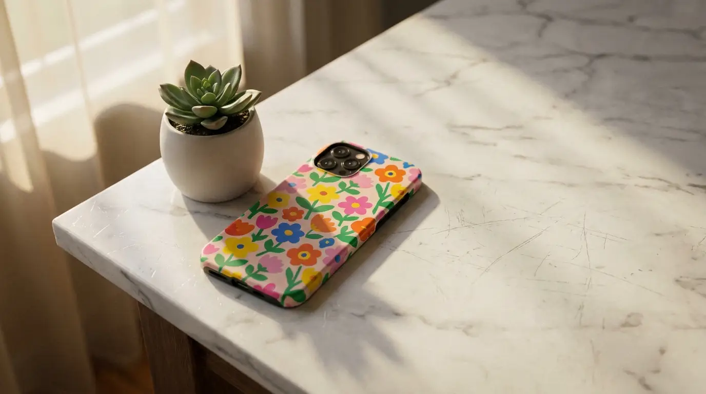 Smartphone with floral case and potted succulent on a sunlit marble table