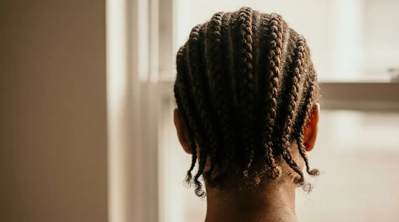 Back of person's head with braided cornrows in natural light near window