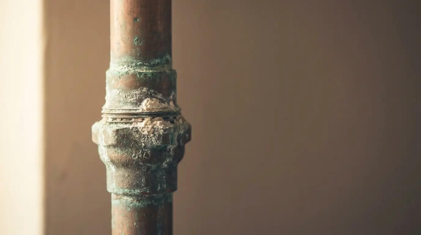 Close-up of corroded copper pipe against a neutral beige background