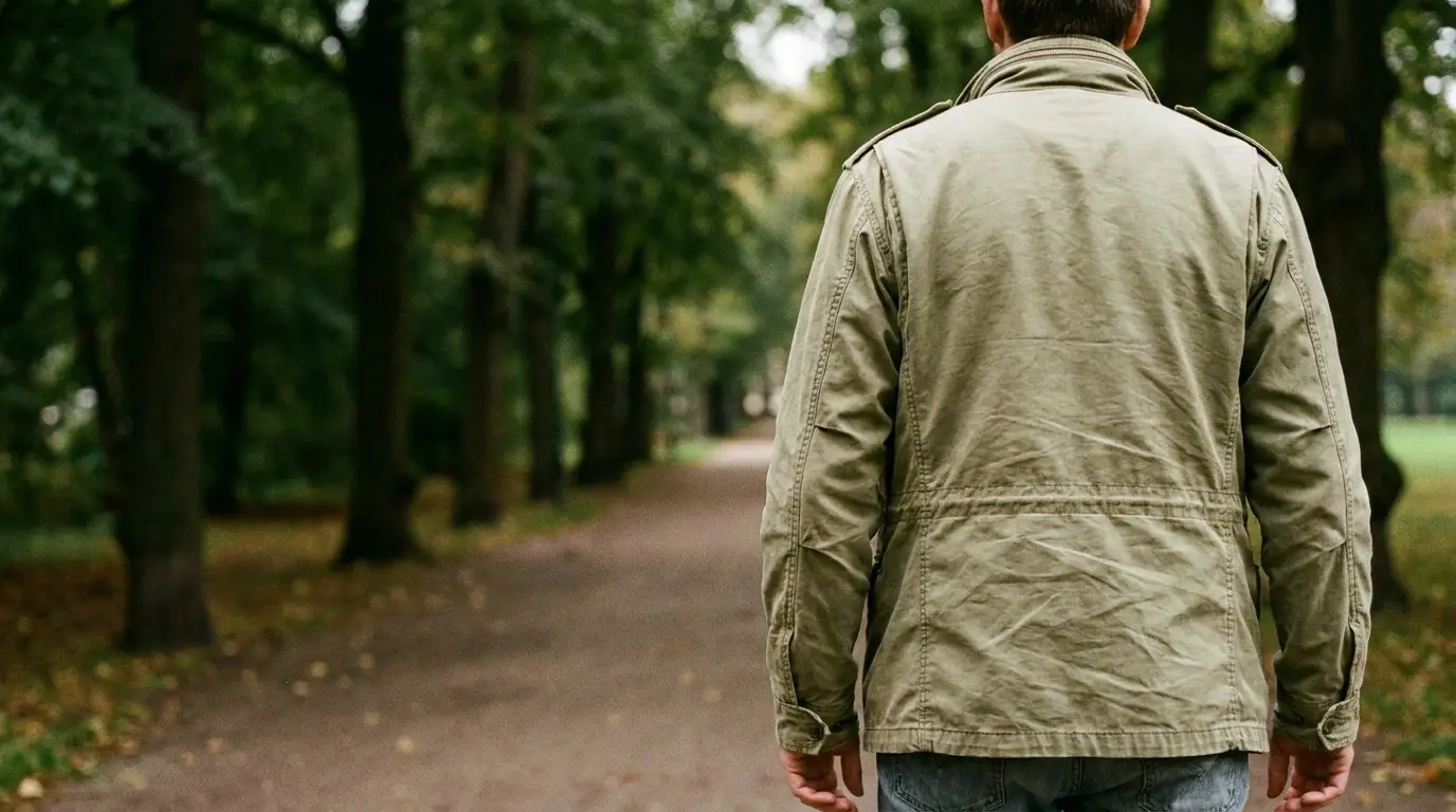 Man in green jacket walking down wooded path in park during daytime
