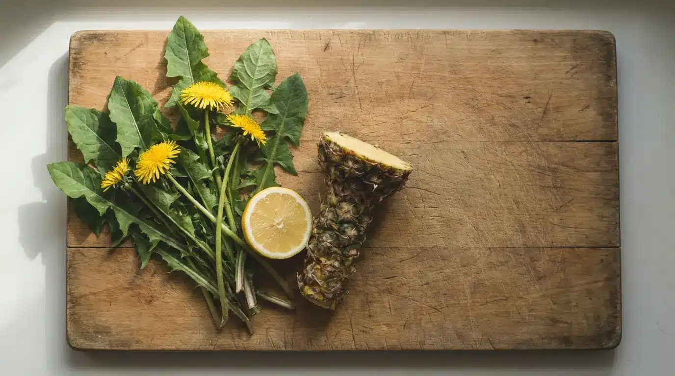 Dandelion greens, lemon half, and pineapple core on a wooden cutting board