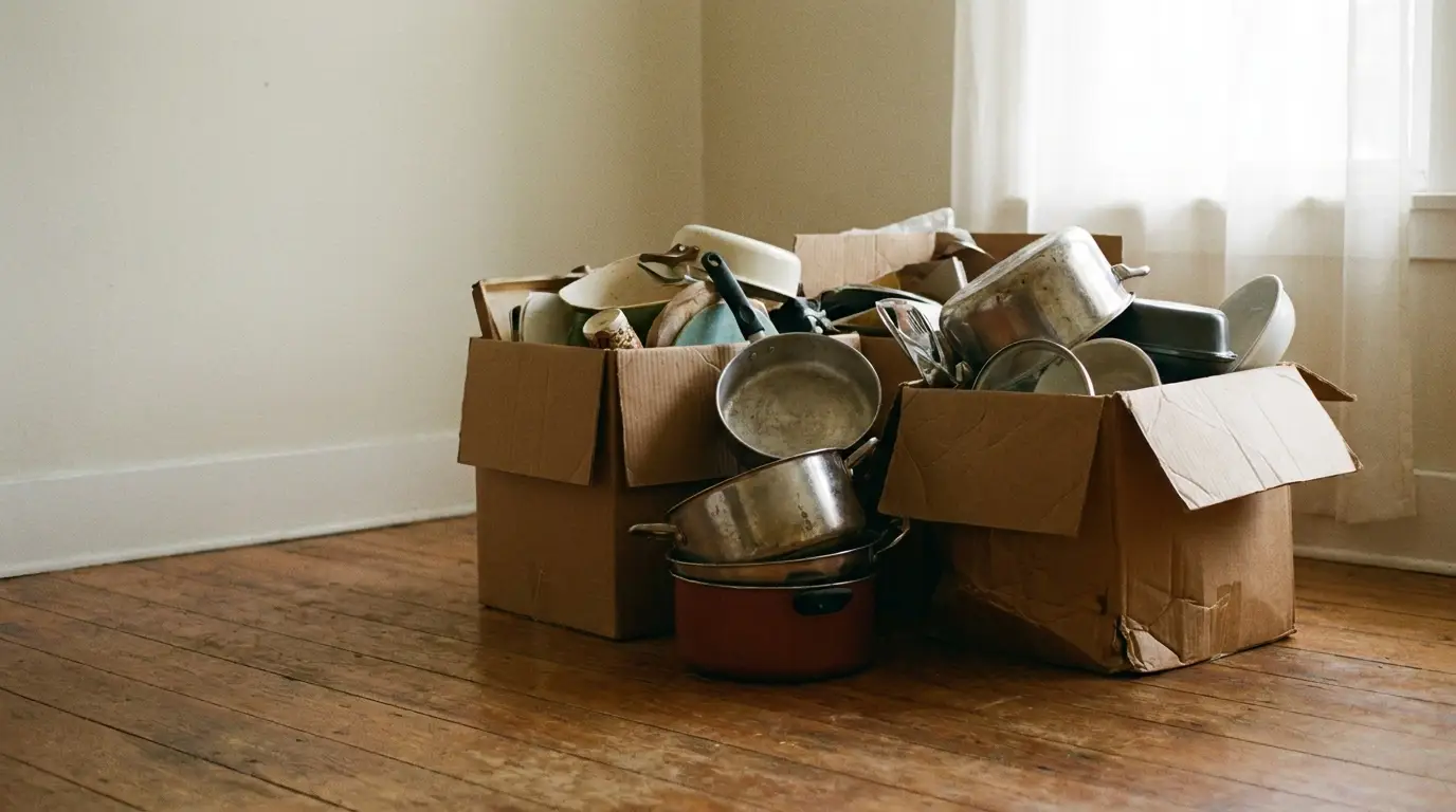 Cardboard boxes filled with assorted kitchen pots and pans on wooden floor in bright room