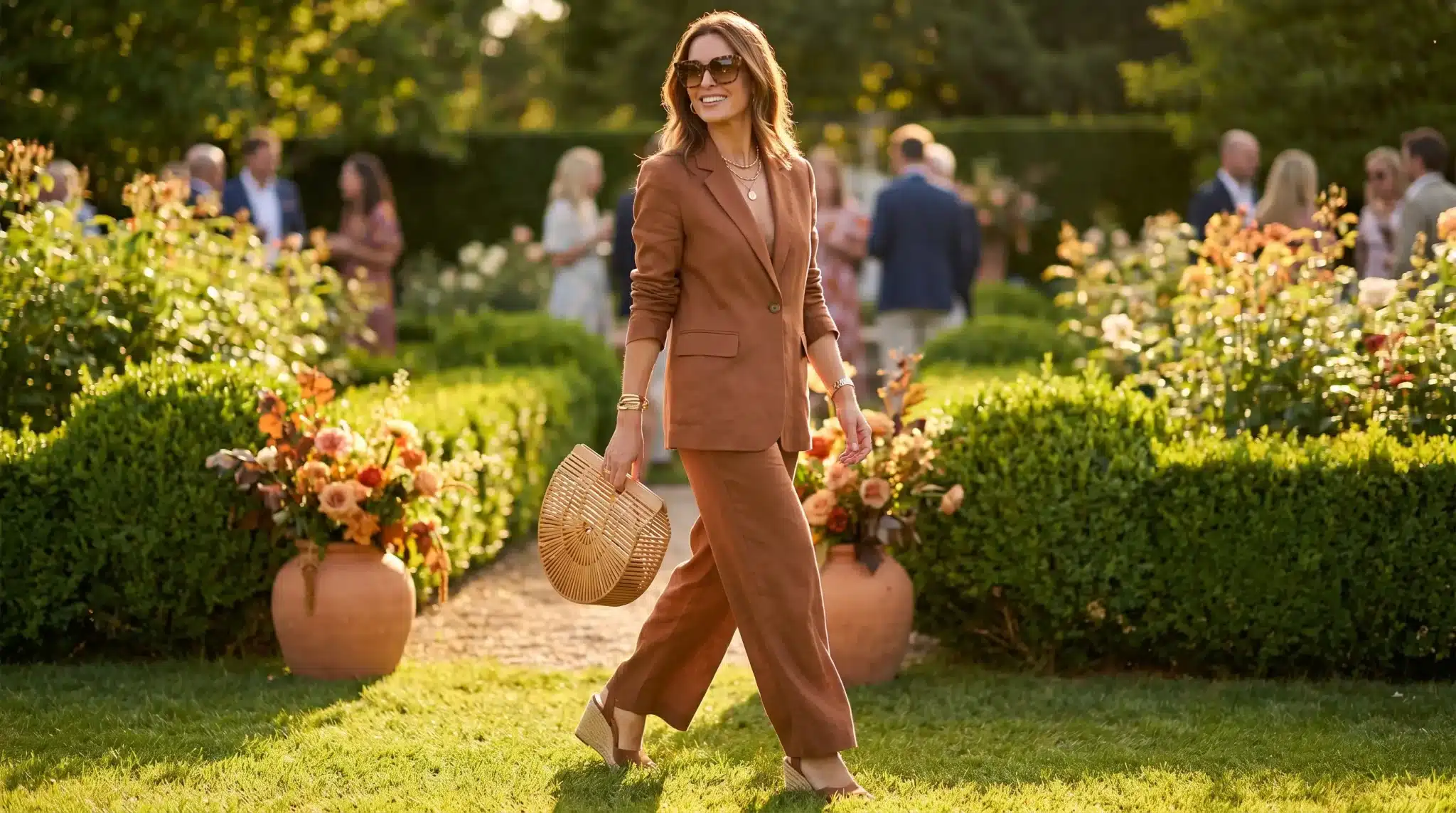 Woman in brown suit walking in garden with potted flowers on sunny day