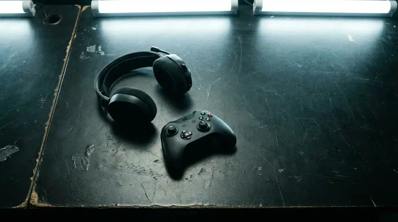 Black gaming headset and controller on a dark desk under bright lighting