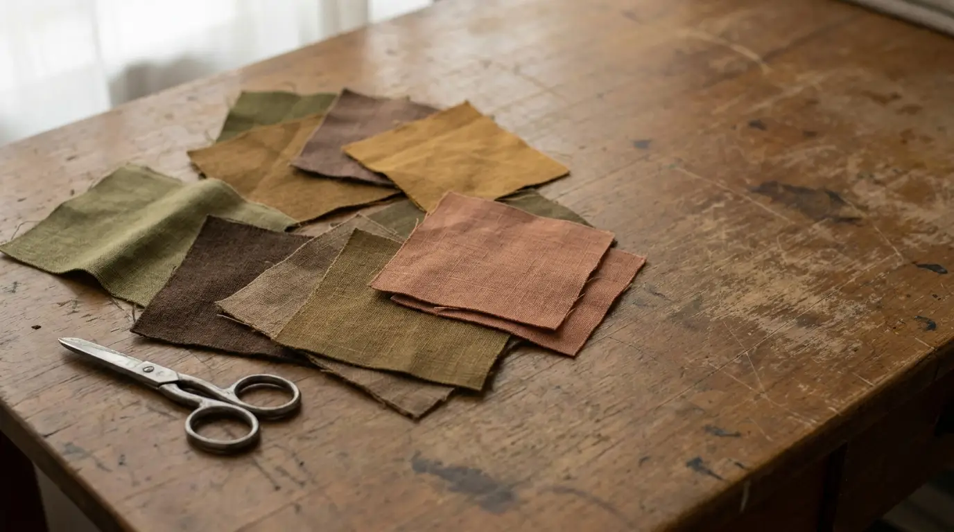 Fabric swatches and metal scissors on a rustic wooden table in soft natural light