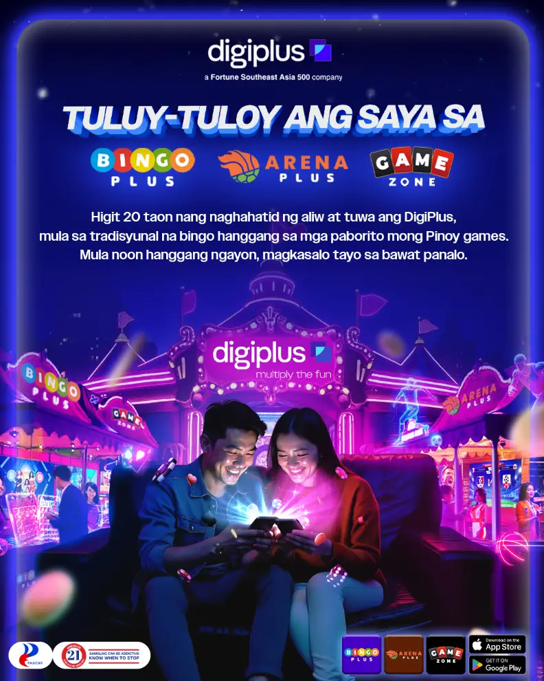 Couple enjoying mobile gaming in vibrant neon-lit game arcade setting